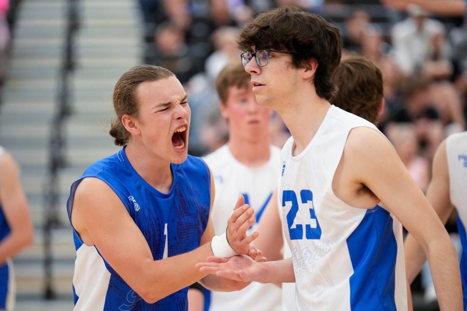 Olentangy Liberty’s Jack Sullenberger (1) reacts to a play with teammate Trent Turner (23) during the Patriots' Division I, Region 1 final win over Mount Vernon on Saturday at Upper Arlington.
