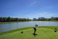 Kurt Kitayama, of the United States, tees off at the 17th tee during the third round of the Mexico Open at Vidanta in Puerto Vallarta, Mexico, Saturday, April 30, 2022. (AP Photo/Eduardo Verdugo)