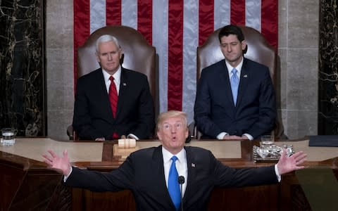 Donald Trump speaking at his first State of the Union address in January 2018 - Credit: Andrew Harrer/Bloomberg