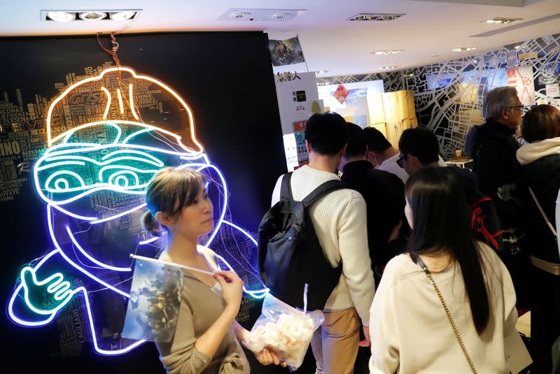 Pepe the Frog, widely used pro-democracy protest mascot is seen at a booth of independent fairs in Hong Kong