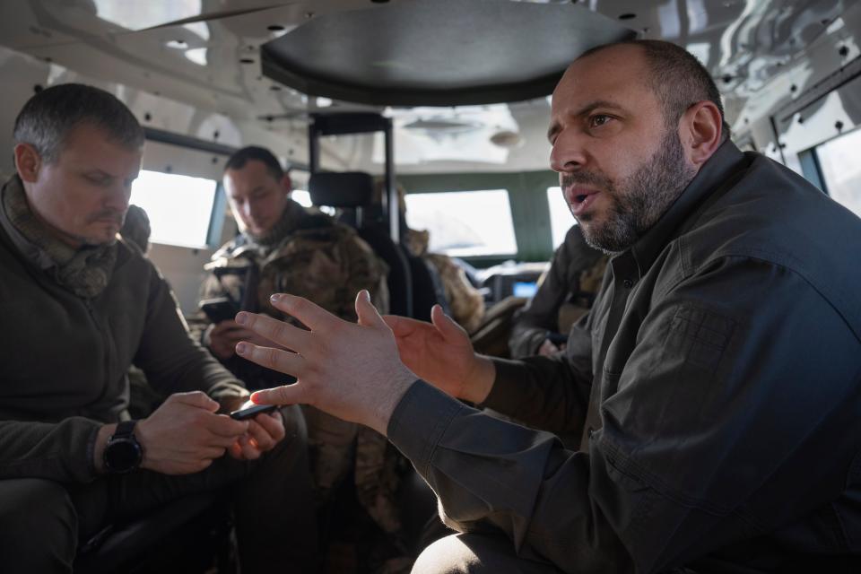 Ukrainian Defense Minister Rustem Umerov rides in an APC during a visit to the front-line city of Kupiansk (Copyright 2023 The Associated Press. All rights reserved)