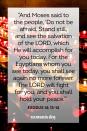 <p>“And Moses said to the people, ‘Do not be afraid. Stand still, and see the salvation of the LORD, which He will accomplish for you today. For the Egyptians whom you see today, you shall see again no more forever. The LORD will fight for you, and you shall hold your peace.’” — Exodus 14: 13-14</p><p><strong>The Good News: </strong>Just as Moses told the Israelites, you must have faith in God's plan, even if the journey is unknown and seems frightening. For He will fight for you and never put you in the hands of danger as long as you have faith in Him. </p>