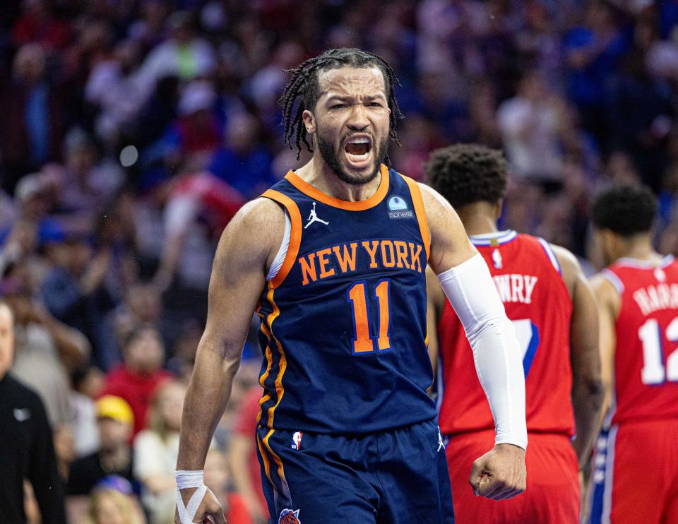 Apr 28, 2024; Philadelphia, Pennsylvania, USA; New York Knicks guard Jalen Brunson (11) reacts after scoring against the Philadelphia 76ers during the fourth quarter of game four of the first round in the 2024 NBA playoffs at Wells Fargo Center. Mandatory Credit: Bill Streicher-USA TODAY Sports