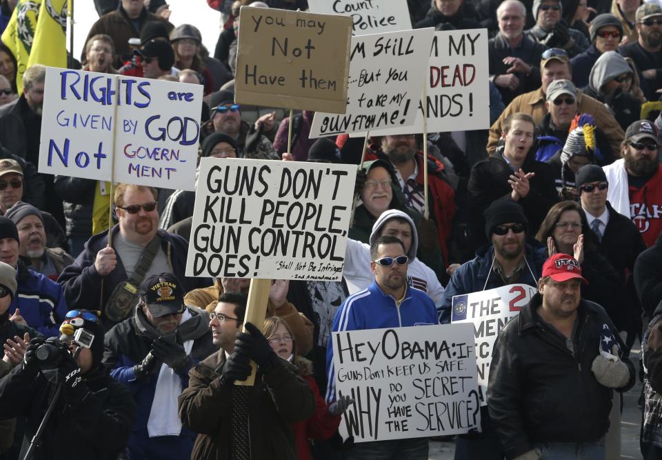 Gun-rights advocates gather outside the Utah Capitol during the National Gun Appreciation Day Rally Saturday, Jan. 19, 2013, in Salt Lake City. Gun owners and Second Amendment advocates rallied in state capitals nationwide Saturday, days after then-President Barack Obama unveiled a sweeping package of federal gun-control proposals.