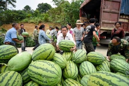 People load a truck with watermelons at a village in Qianxinan