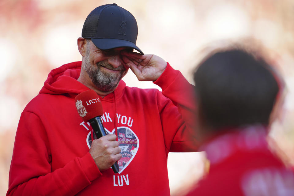 Liverpool's manager Jurgen Klopp reacts after his very last match with Liverpool after the English Premier League soccer match between Liverpool and Wolverhampton Wanderers at Anfield Stadium in Liverpool, England, Sunday, May 19, 2024. (AP Photo/Jon Super)