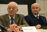 Former prisoners of Auschwitz (L-R) Justin Sonder and Leon Schwarzbaum attend a press conference in Detmold, on February 10, 2016