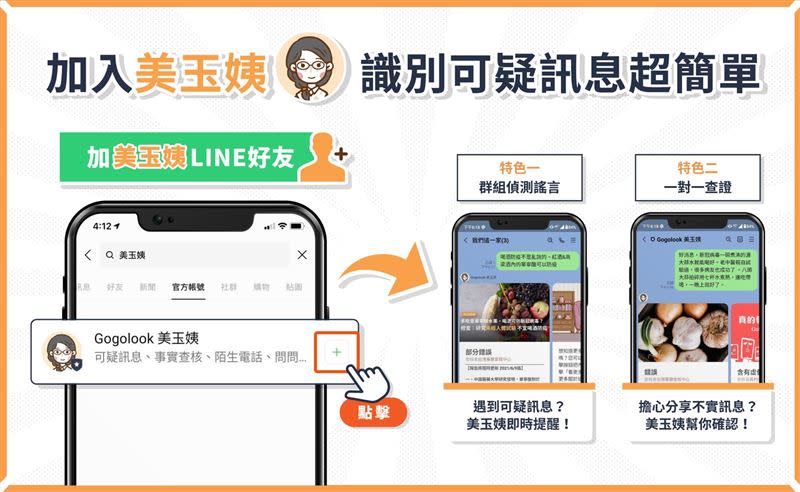 遇到可疑訊息，可加入美玉姨並查證。 （圖／Gogolook提供）