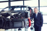 <p>This is Christophe Piochon<span>, the man responsible for ensuring that each Chiron is perfectly built. He also provides a useful scale for the Chiron's huge front brakes. </span></p>