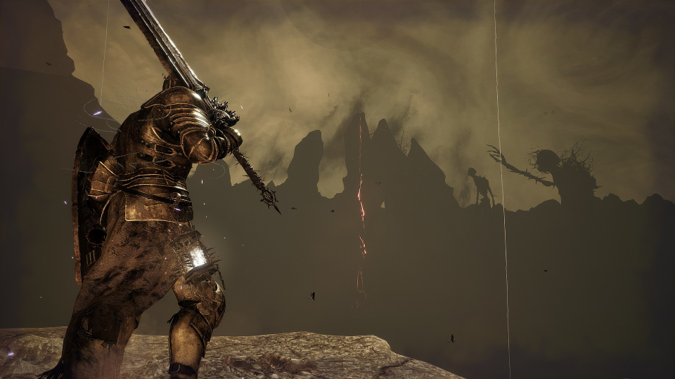 A paladin from Lords of the Fallen stares at the horizon, with distant giants clawing towards the sky.