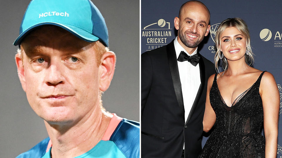 Andrew McDonald, pictured here alongside Nathan Lyon and his wife Emma.