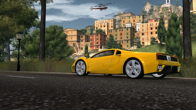 Screenshot of a yellow supercar on a road in World Racing 2: Champion Edition.