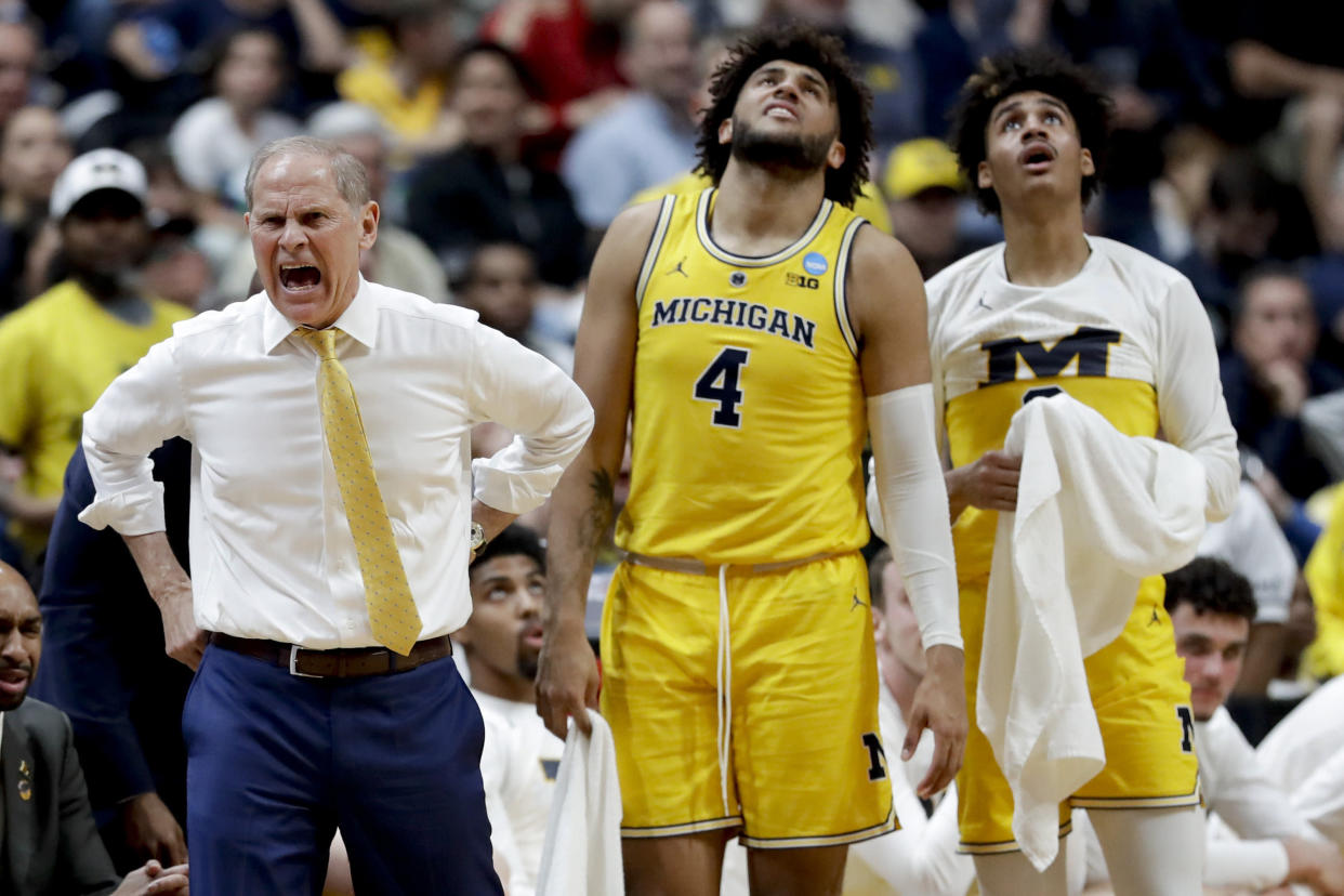 Michigan coach John Beilein yells during the first half of the team's NCAA men's college basketball tournament West Region semifinal against Texas Tech on Thursday, March 28, 2019, in Anaheim, Calif. (AP Photo/Marcio Jose Sanchez)