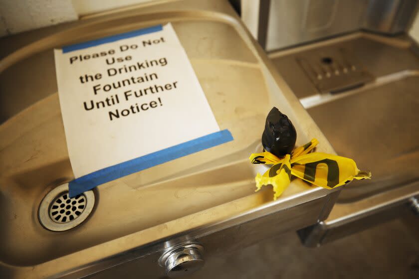 CALABASAS, CA - NOVEMBER 09: All drinking fountains are closed at Lupin Hill Elementary School in Calabasas as one of the first elementary schools to open up under in L.A. County. This in the Las Virgenes Unified School District, which was the first public school system in Los Angeles county to win waiver approvals. Lupine Hill Elementary School on Monday, Nov. 9, 2020 in Calabasas, CA. (Al Seib / Los Angeles Times