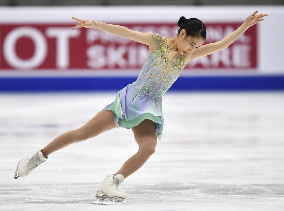 Mai Mihara of Japan performs in the women free skating program during the ISU Four Continents Figure Skating Championships in Tallinn, Estonia, Saturday, Jan. 22, 2022. (AP Photo/Sergei Stepanov)