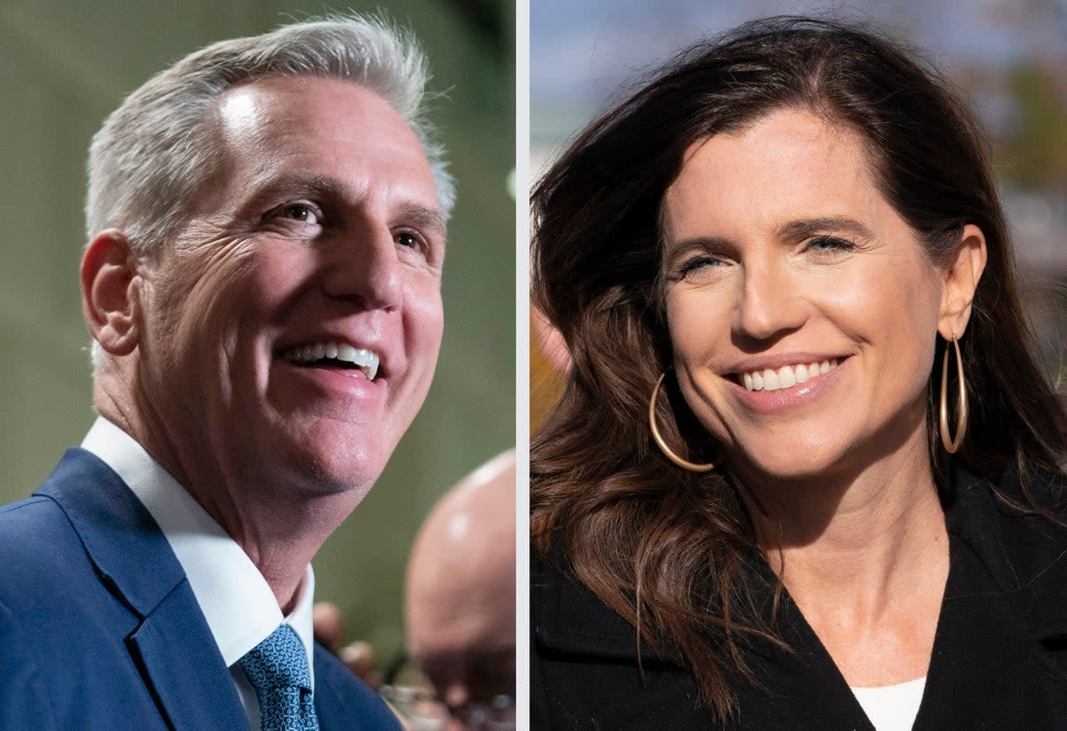 A feud between Kevin McCarthy (left) and Nancy Mace continues as Mace heads into her primary on Tuesday (AP)