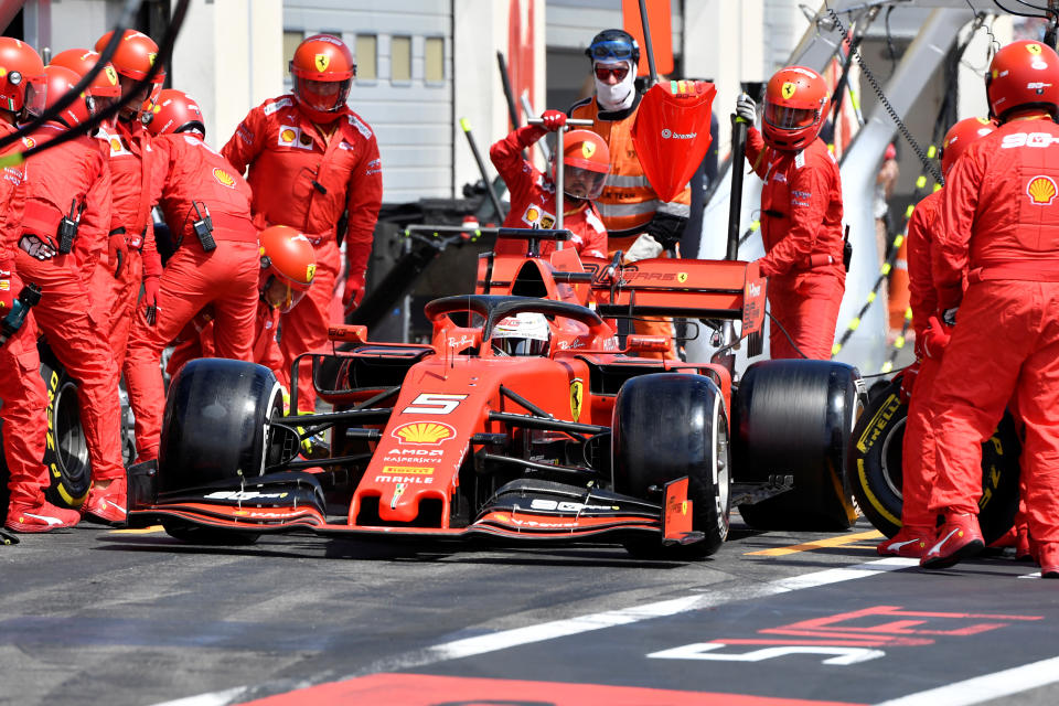 Ferrari's German driver Sebastian Vettel stops in the pits during the Formula One Grand Prix de France at the Circuit Paul Ricard in Le Castellet, France June 23, 2019. Gerard Julien/Pool via REUTERS