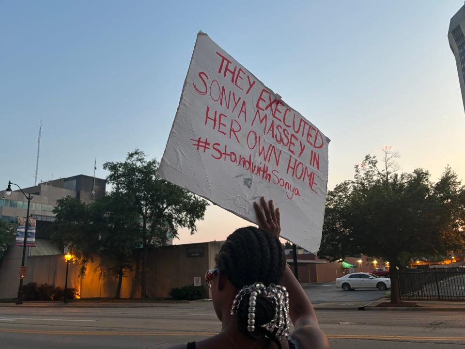 A protester makes a statement standing on Ninth Street in front of the Sangamon County Building on July 16, 2024. Supporters of Sonya Massey, who was killed by Sangamon County Sheriff's Deputies in her home on July 6, have continued to push authorities for the release of body cam footage.