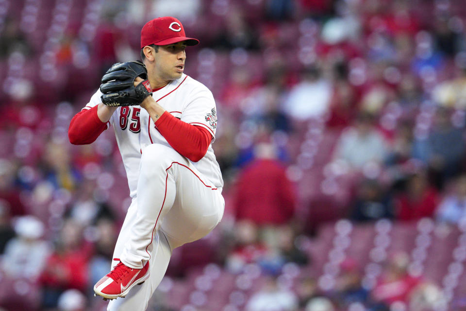 Cincinnati Reds relief pitcher Luis Cessa winds up during the first inning of the team's baseball game against the Chicago Cubs on Tuesday, Oct. 4, 2022, in Cincinnati. (AP Photo/Jeff Dean)