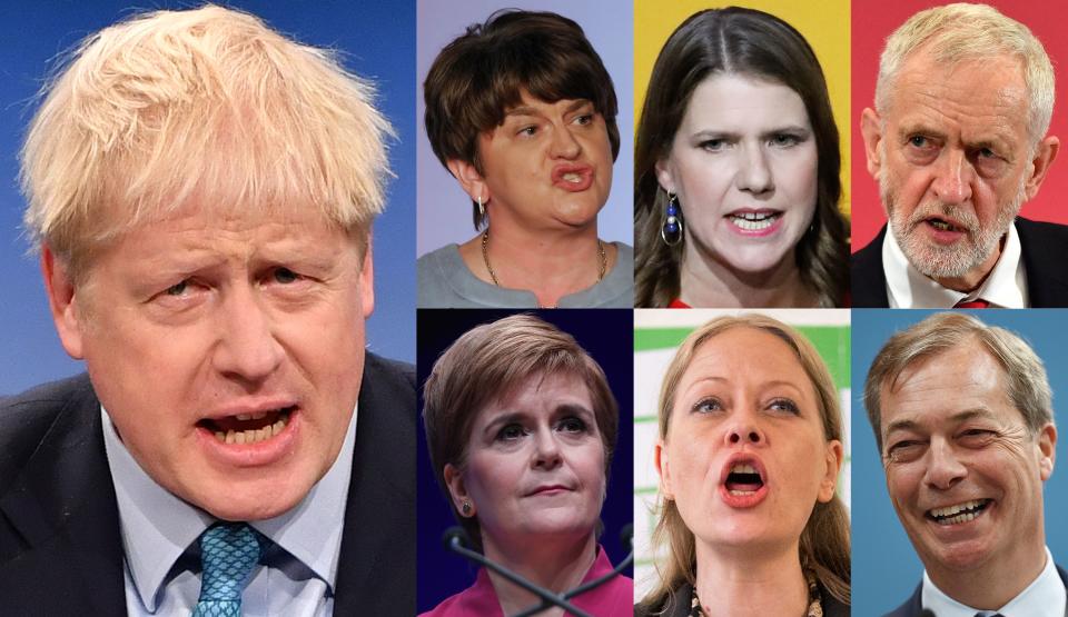 A combination of pictures created in London on November 1, 2019 shows political party leaders whose members will be vying for seats in the House of Commons in the 2019 general election: Britain's Prime Minister and Conservative Party leader Boris Johnson (L) and (L-R top) Northern Ireland's Democratic Unionist Party (DUP) leader Arlene Foster,  Liberal Democrats leader Jo Swinson and Britain's main opposition Labour Party leader Jeremy Corbyn, (L-R bottom) Scottish Nationalist Party (SNP) leader Nicola Sturgeon,  Green Party co-leader Sian Berry and Brexit Party leader Nigel Farage. - Britain will go to the polls on December 12, 2019 to vote in a pre-Christmas general election. (Photo by - / AFP) (Photo by -/AFP via Getty Images)