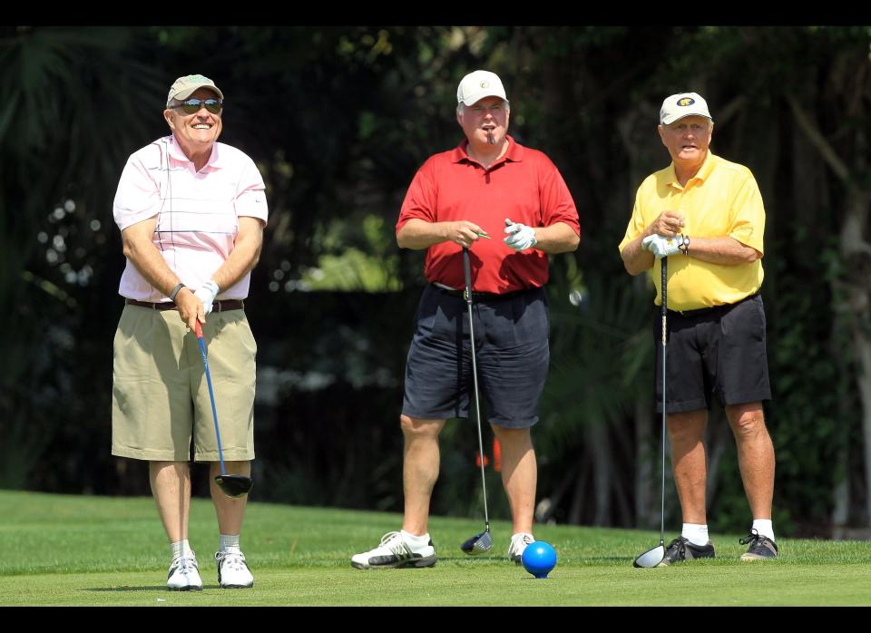 WEST PALM BEACH, FL - MARCH 21:  Rudy Guiliani The former Mayor of New York drives watched by Jack Nicklaus and Rush Limbaugh The Radio Presenter during the Els for Autism Pro-am at The PGA National Golf Club on March 21, 2011 in West Palm Beach, Florida.  (Photo by David Cannon/Getty Images)