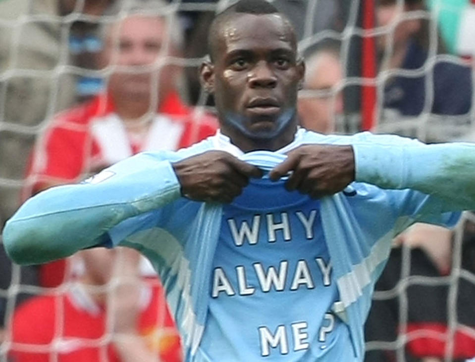 Mario Balotelli pondering his existence on Earth after scoring against Manchester United in 2011