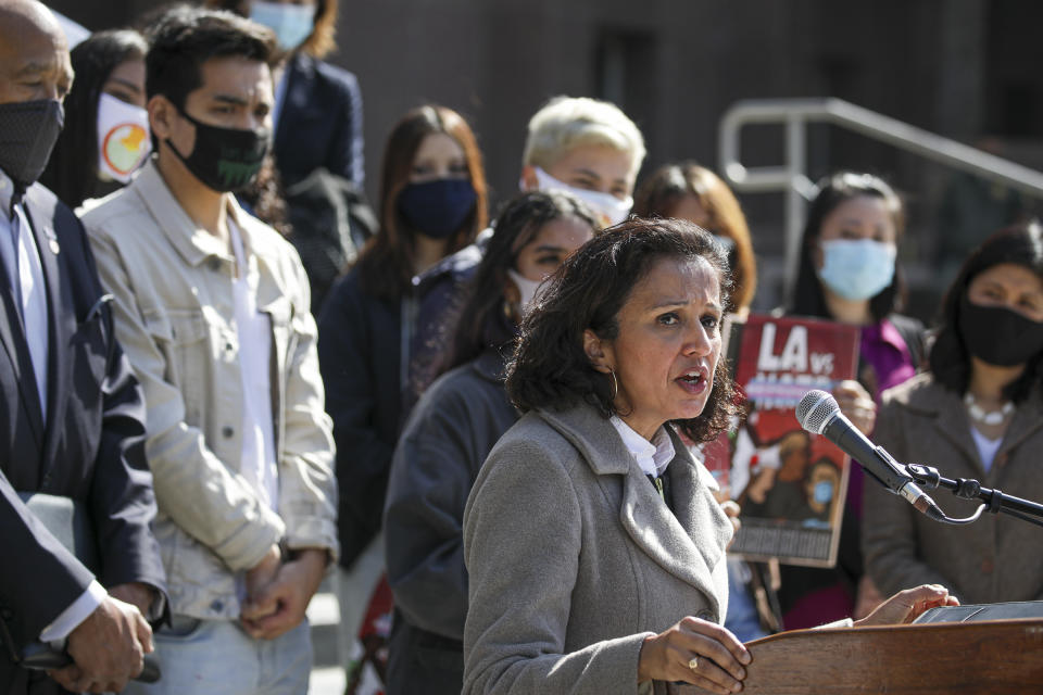 Manjusha Kulkarni, executive director of the AAPI Equity Alliance, speaks at a rally in Los Angeles.