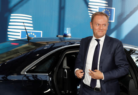 European Council President Donald Tusk arrives at a European Union emergency summit on Brexit in Brussels, Belgium, April 10, 2019. Alastair Grant/Pool via REUTERS