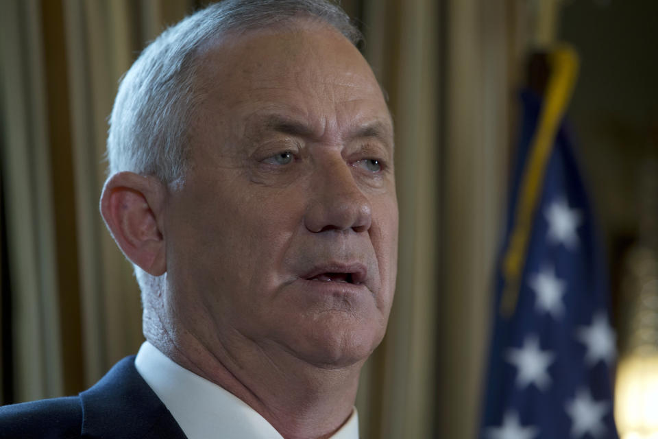 Israel Blue and White party leader Benny Gantz speaks during a news conference in Washington, Monday, Jan. 27, 2020, after meeting with President Donald Trump. (AP Photo/Jose Luis Magana)