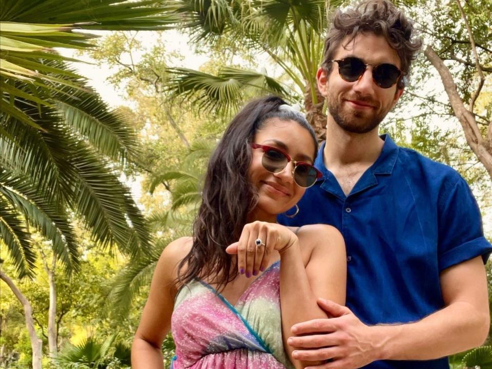 Angie Tiwari and Alastair Spray after getting engaged in Seville, Spain.