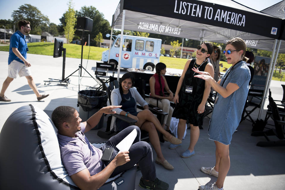 Emma Gray and Christine Roberts&nbsp;chat with guests during the HuffPost visit to Memphis.