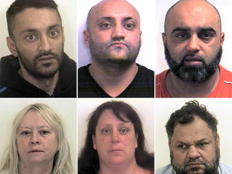 Brothers Arshid Hussain, Basharat Hussain and Banaras Hussain and (left to right bottom) Karen MacGregor (left), Shelley Davies and Qurban Ali were sentenced to a combined 103 years in prison for their roles in the Rotherham grooming gang (South Yorkshire Police/PA)