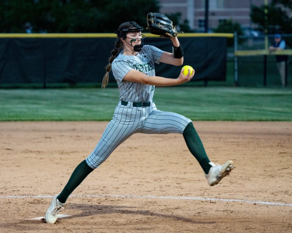 Westfield sophomore Chloe Tanner pitches Monday, May 22, 2023, as Carmel takes on Westfield in an IHSAA softball sectional game at Noblesville High School in Noblesville.