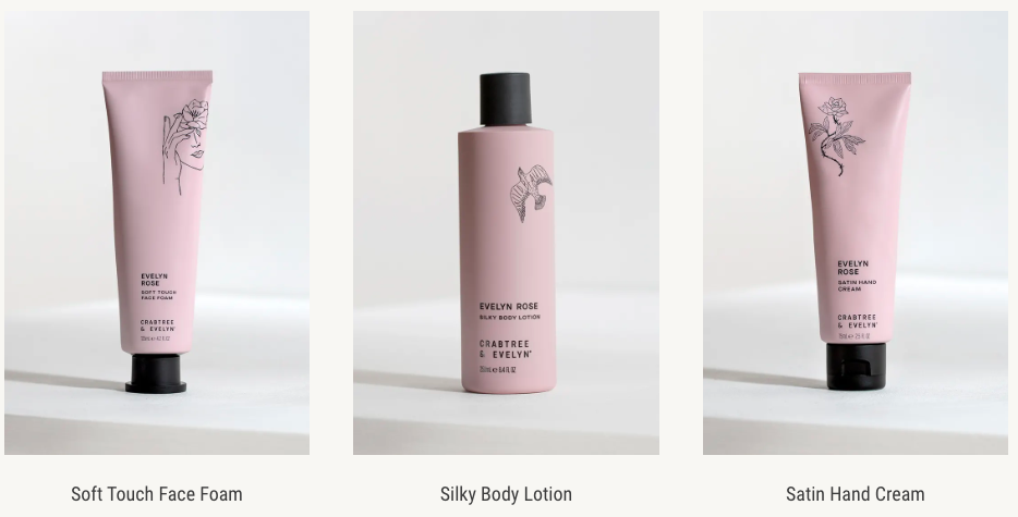 Three products from Crabtree & Evelyn’s new ‘Evelyn Rose’ line.
