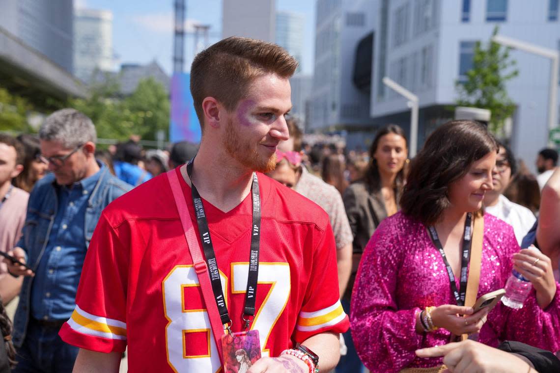 A few Travis Kelce jerseys were sprinkled among fans lining up outside La Défense Arena in Paris, where Taylor Swift launched the European leg of her Eras Tour on Thursday.
