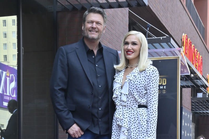 Gwen Stefani (R) and Blake Shelton attend Shelton's Hollywood Walk of Fame ceremony in 2023. File Photo by Jim Ruymen/UPI