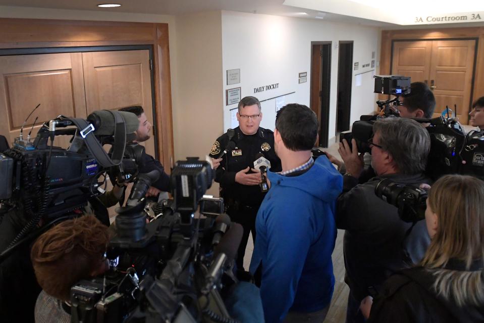 Larimer County Sheriff Justin Smith speaks with members of the media after the red flag petition was denied against CSU Police Cpl. Philip Morris at the Larimer County Justice Center in Fort Collins, Colo. on Thursday, January 16, 2020. 
