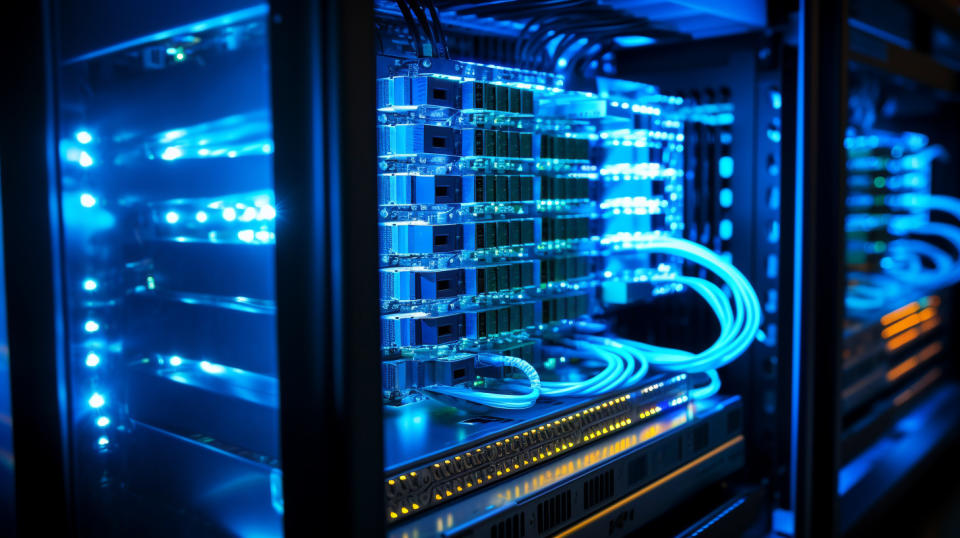 A close-up view of a modern server rack, with its bright blinking lights.