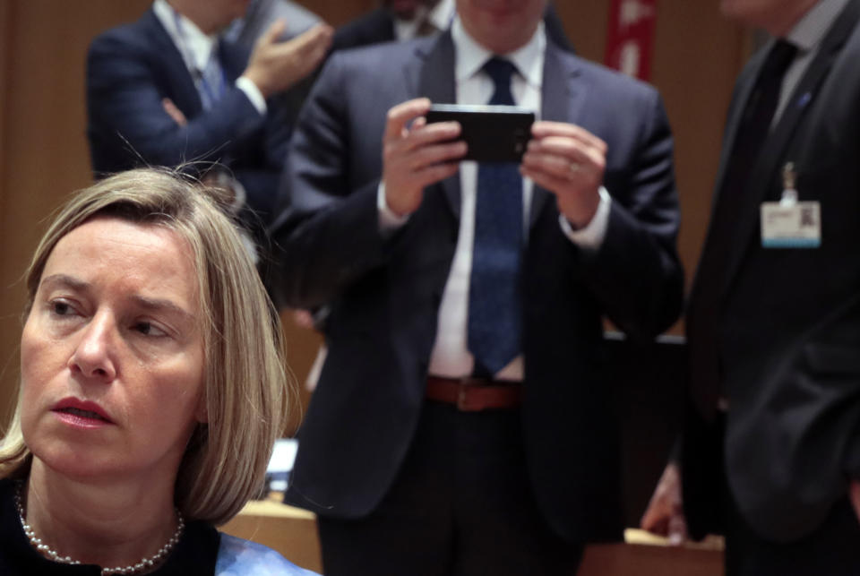 European Union foreign policy chief Federica Mogherini waits for the start of a round table meeting of EU foreign ministers and Eastern Partnership nations at the Europa building, Monday, May 13, 2019. (AP Photo/Virginia Mayo)