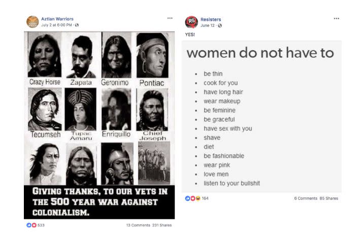 A sample of the posts from "Aztlan Warriors" and "Resisters," two pages Facebook identified as inauthentic. (Photo: Facebook)