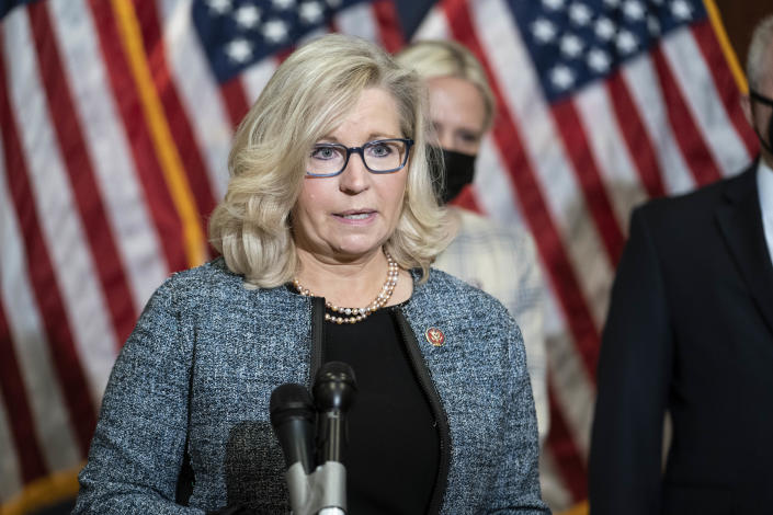Rep. Liz Cheney (R-WY) speaks during a press conference following a House Republican caucus meeting on Capitol Hill on April 20, 2021 in Washington, DC. (Sarah Silbiger/Getty Images)
