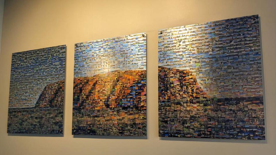 A photomosaic (image made up of many smaller photographic images – look closely!) tryptic of Uluru, also known as Ayers Rock, a large sandstone monolith in Australia