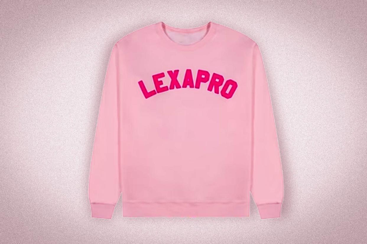 A pink sweatshirt with the word LEXAPRO emblazoned on it.