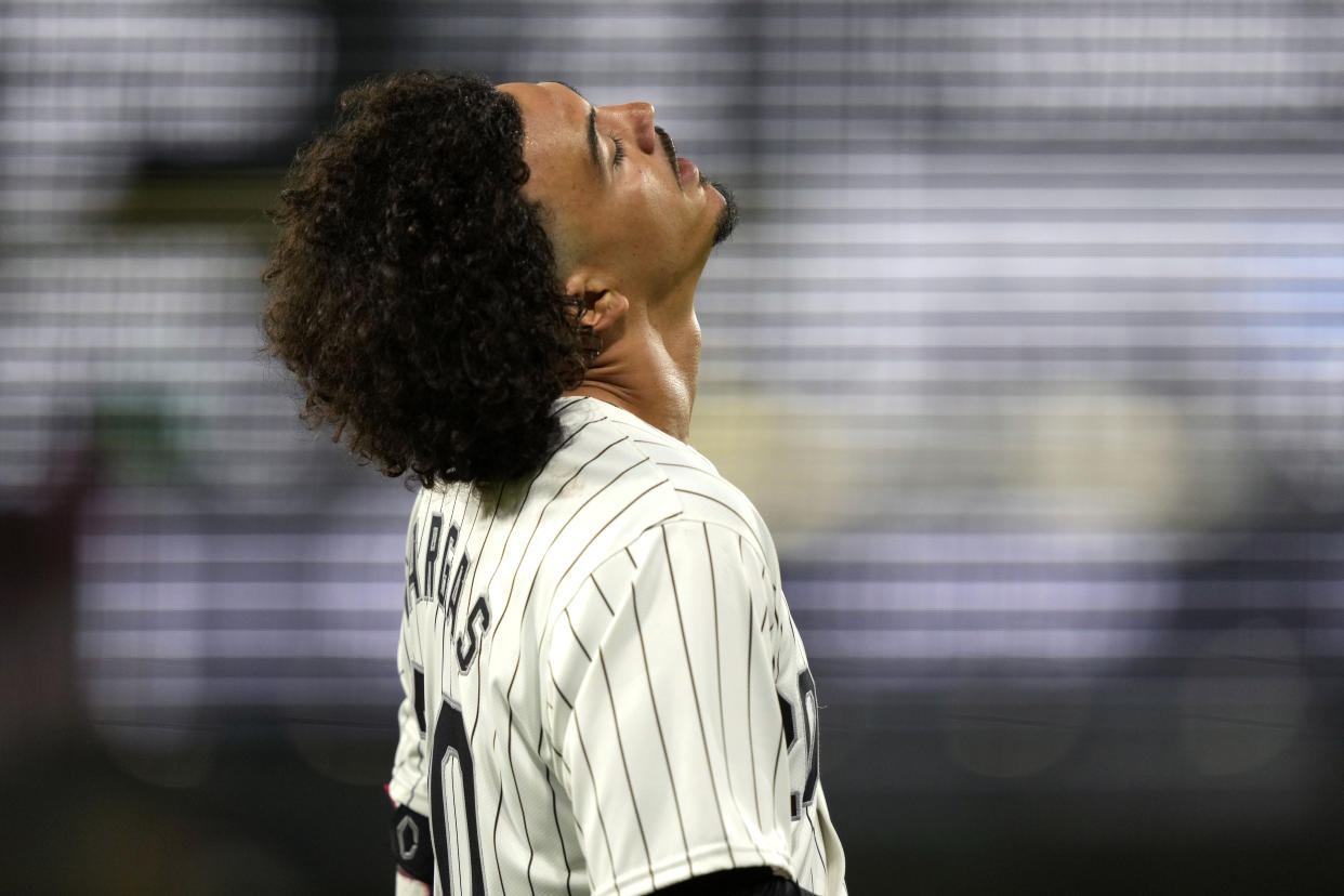 Miguel Vargas reacts after grounding out during the White Sox's franchise-record 16th straight loss. (AP Photo/Charles Rex Arbogast)