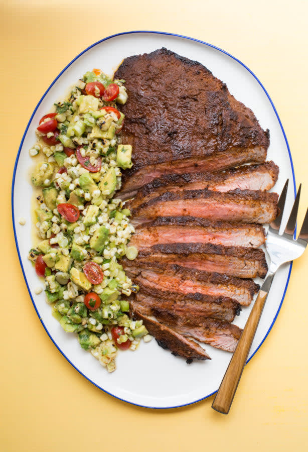 Chili Rubbed Flank Steak with Corn, Tomato and Avocado Salad (Courtesy of Katie Workman)