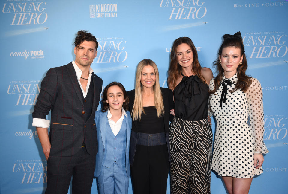 (L-R): Joel Smallbone, JJ Pantano, Candace Cameron Bure, Daisy Betts and Kirrilee Berger attend the Unsung Hero movie screening