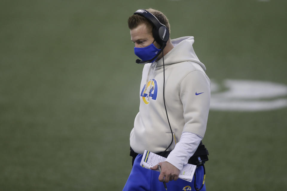 Los Angeles Rams head coach Sean McVay walks on the field late in the fourth quarter of an NFL football game against the Seattle Seahawks, Sunday, Dec. 27, 2020, in Seattle. The Seahawks won 20-9. (AP Photo/Scott Eklund)