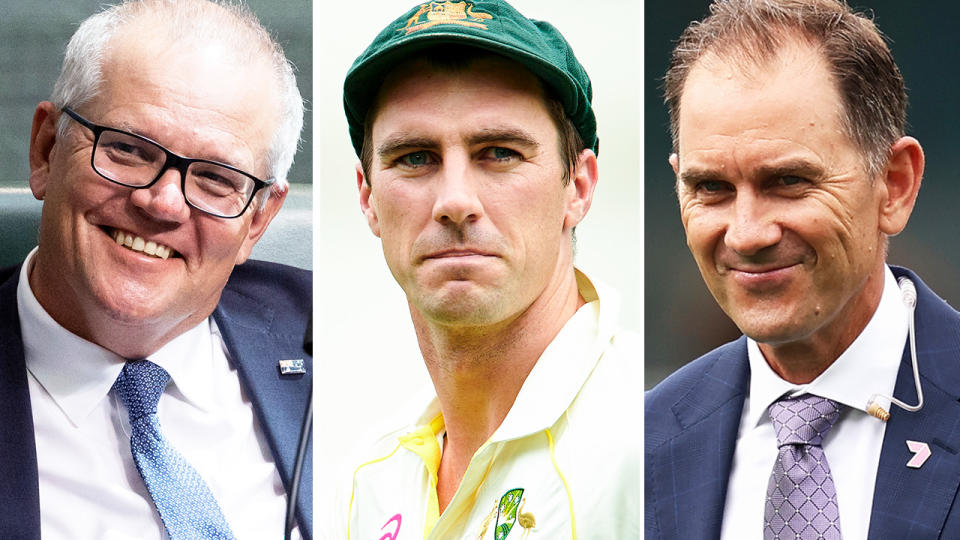 Pat Cummins, pictured here alongside Scott Morrison and Justin Langer.