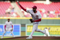 Cincinnati Reds starting pitcher Hunter Greene throws in the first inning of a baseball game against the Philadelphia Phillies, Monday, April 22, 2024, in Cincinnati. (AP Photo/Carolyn Kaster)