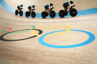 Team Canada competes during the track cycling women's team pursuit at the 2020 Summer Olympics, Monday, Aug. 2, 2021, in Izu, Japan. (AP Photo/Thibault Camus)